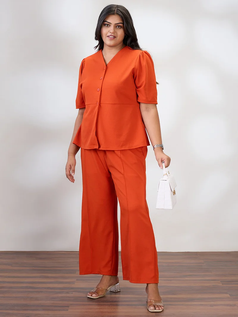 Globus Gloplus Women Rust V-Neck Puff Sleeves Solid Plus Size Top & Trousers Workwear Co-Ord Set
