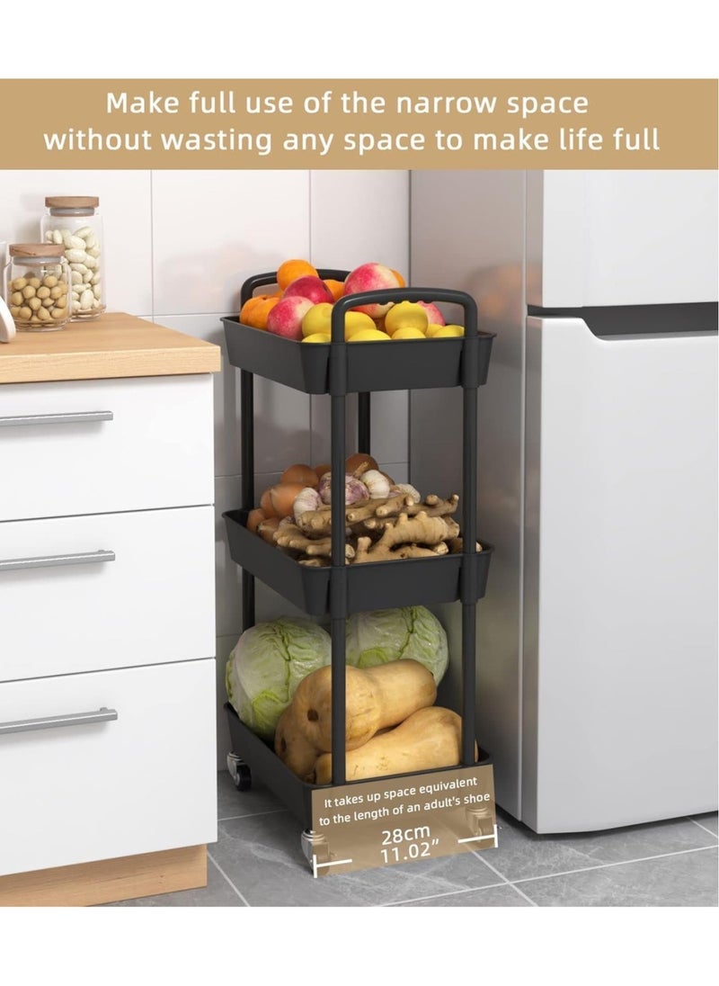 VUCATIN - 3-Tier Rolling Utility Cart with Wheels Detachable Utility Storage Cart Rack with Handle and Lockable Casters Multi-Functional Storage Trolley for Office Kitchen Bathroom (Black 3-Tier) - Image 1