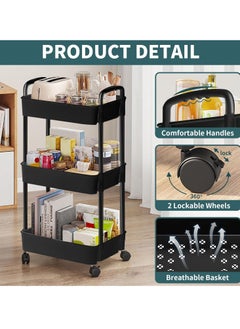 VUCATIN 3-Tier Rolling Utility Cart with Wheels Detachable Utility Storage Cart Rack with Handle and Lockable Casters Multi-Functional Storage Trolley for Office Kitchen Bathroom (Black 3-Tier)  - Image 4