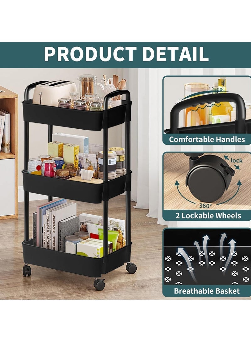 VUCATIN - 3-Tier Rolling Utility Cart with Wheels Detachable Utility Storage Cart Rack with Handle and Lockable Casters Multi-Functional Storage Trolley for Office Kitchen Bathroom (Black 3-Tier) - Image 1