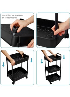 VUCATIN 3-Tier Rolling Utility Cart with Wheels Detachable Utility Storage Cart Rack with Handle and Lockable Casters Multi-Functional Storage Trolley for Office Kitchen Bathroom (Black 3-Tier)  - Image 5