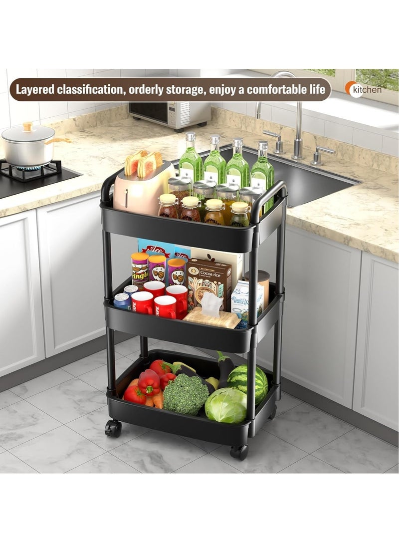 VUCATIN - 3-Tier Rolling Utility Cart with Wheels Detachable Utility Storage Cart Rack with Handle and Lockable Casters Multi-Functional Storage Trolley for Office Kitchen Bathroom (Black 3-Tier) - Image 1