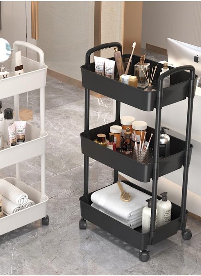 VUCATIN - 3-Tier Rolling Utility Cart with Wheels Detachable Utility Storage Cart Rack with Handle and Lockable Casters Multi-Functional Storage Trolley for Office Kitchen Bathroom (Black 3-Tier) - Image 1