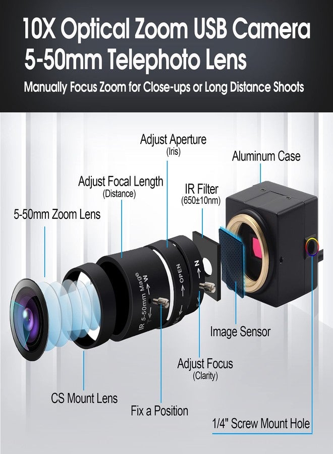 SVPRO Telephoto Webcam Mac Compatible 1MP USB Camera with 5-50mm Optical Zoom Lens Manual Focus Webcam UVC PC Cam for Windows Linux Android MAC,1280x720 USB2.0 CMOS Video Camera for Security,Streaming - Image 2