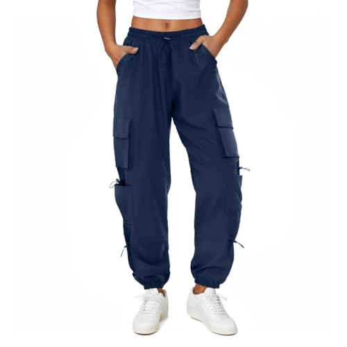 COPYLEAF Womens Parachute Cargo Pants with Pockets Quick Dry Hiking Pants Lightweight WaterResistant Baggy JoggersNavy Blue XXL - Image 1