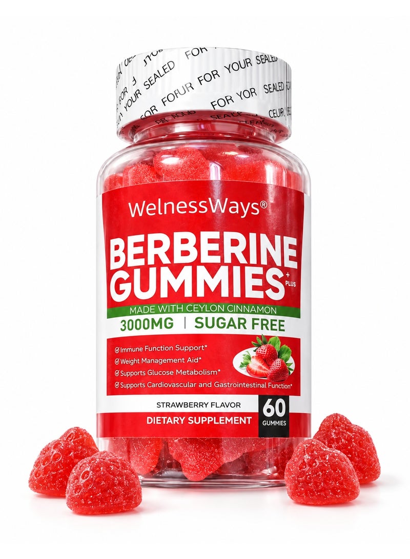 WelnessWays Berberine Gummies 3000mg Double Strength with Ceylon Cinnamon – Sugar Control & Weight Management Support – Strawberry Flavor, 60 Gummies - Image 1