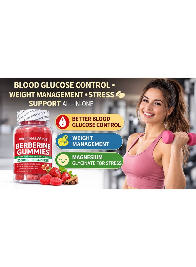 WelnessWays Berberine Gummies 3000mg Double Strength with Ceylon Cinnamon – Sugar Control & Weight Management Support – Strawberry Flavor, 60 Gummies - Image 2