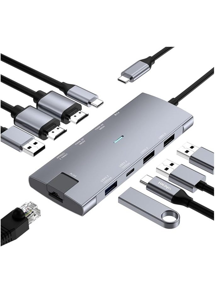 إيروريكس محول USB C Hub مزدوج HDMI 4K@60 هرتز مع منفذ بيانات USB 3.2 Gen 2 بسرعة 10 جيجابت في الثانية، جيجابت إيثرنت، PD 100 وات، منفذ بيانات USB-C 3.2، محطة إرساء USB C لجهاز MacBook Pro/Air iPad Pro M2 M1، XPS، Chromebook  - Image 1
