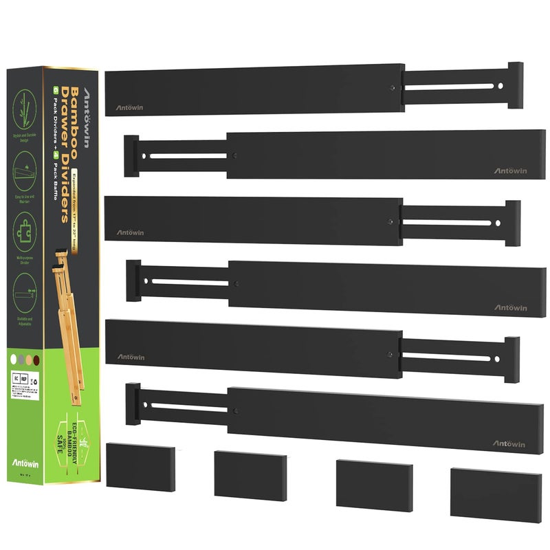 ANTOWIN 10pack Bamboo Drawer Dividers Expandable Drawer Separators Splitter 1722 inches Adjustable Springloaded Organizer for Large Utensil Clothes Tools DrawersBlack