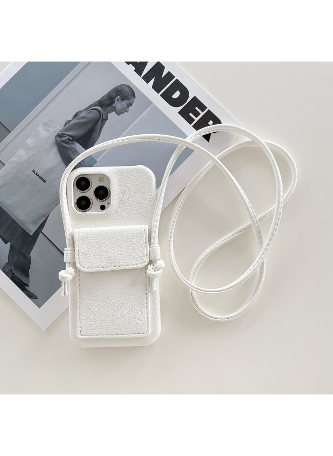 Generic - Japan And South Korea Card Case Crossing IPhone16 Phone Case Apple 15pro Max/13/X/7 Leather Phone Case-Color:Lychee Pattern Ear Card Holder Lanyard White-Applicable Model:iPhone15plus - Image 1