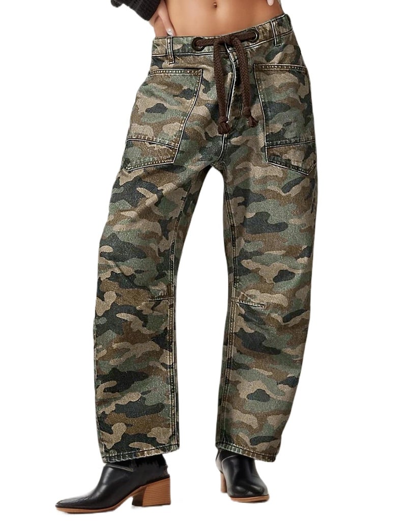 Kedera Womens Camo Barrel Jeans Mid Rise Pull-On Baggy Jeans Relaxed Fit Drawstring Pants Denim Ankle Pants with Pocket - Image 1