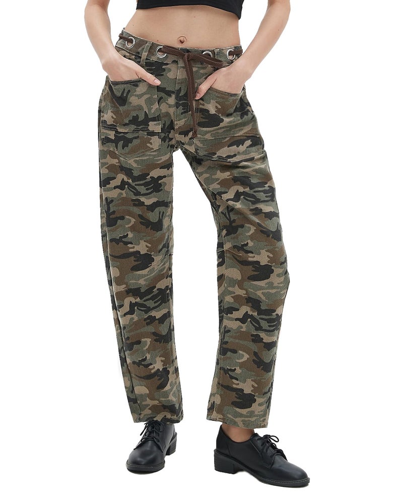 Kedera Womens Camo Barrel Jeans Mid Rise Pull-On Baggy Jeans Relaxed Fit Drawstring Pants Denim Ankle Pants with Pocket - Image 4