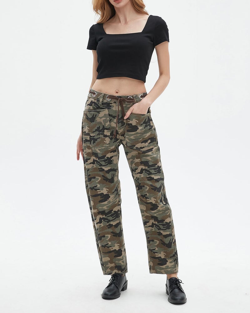 Kedera Womens Camo Barrel Jeans Mid Rise Pull-On Baggy Jeans Relaxed Fit Drawstring Pants Denim Ankle Pants with Pocket - Image 3