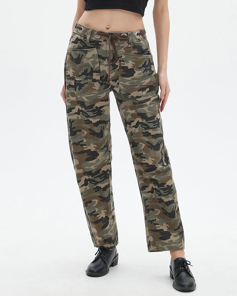 Kedera Womens Camo Barrel Jeans Mid Rise Pull-On Baggy Jeans Relaxed Fit Drawstring Pants Denim Ankle Pants with Pocket - Image 5