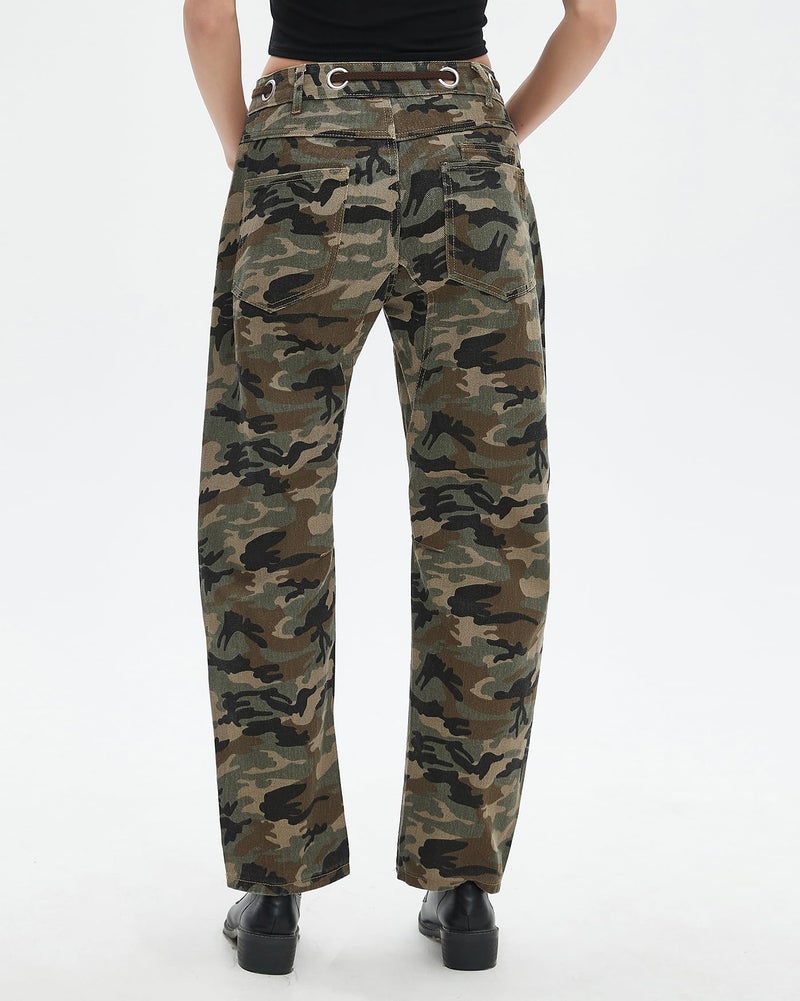 Kedera Womens Camo Barrel Jeans Mid Rise Pull-On Baggy Jeans Relaxed Fit Drawstring Pants Denim Ankle Pants with Pocket - Image 2