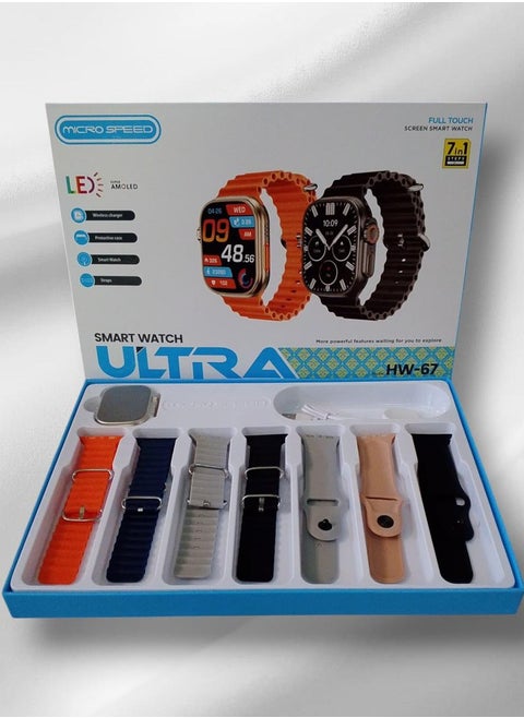 Smart Watch HW-67 ultra Ultra with Finger Sensor for Call Answering, Calorie Counting, and Message Notifications – Supports Arabic Language, Comes with 7 Extra Straps, 49mm, Multi-Color