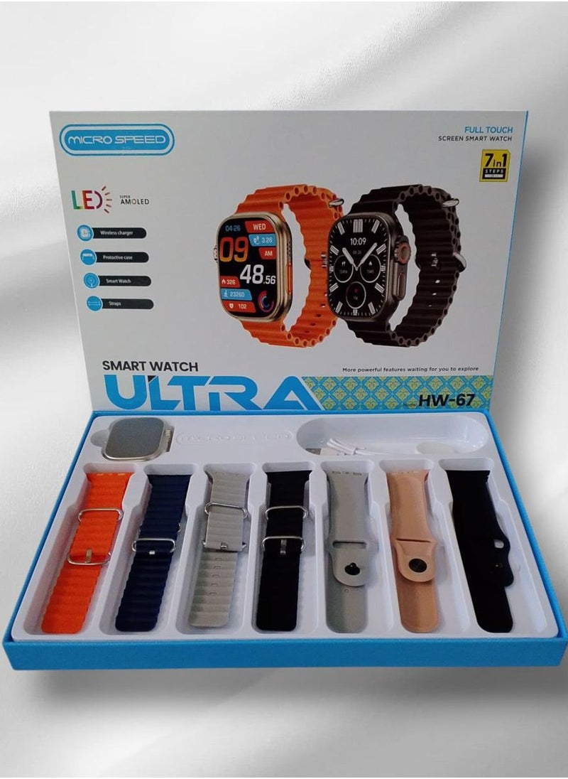 Smart Watch HW-67 ultra Ultra with Finger Sensor for Call Answering, Calorie Counting, and Message Notifications – Supports Arabic Language, Comes with 7 Extra Straps, 49mm, Multi-Color