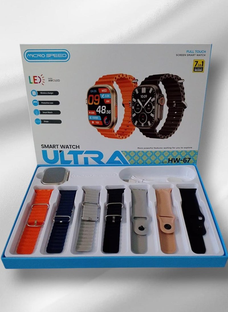micro speed Smart Watch HW-67 ultra Ultra with Finger Sensor for Call Answering, Calorie Counting, and Message Notifications – Supports Arabic Language, Comes with 7 Extra Straps, 49mm, Multi-Color - Image 2