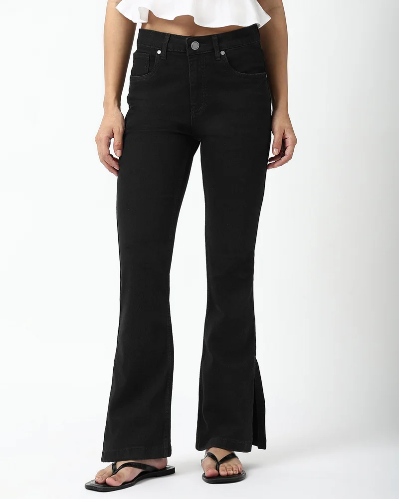bewakoof Women's Jet Black Bootcut Jeans