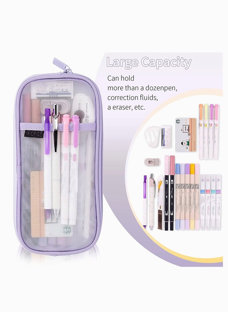 Multi Use Transparent Grid Mesh Cosmetic and Pencil Case with Zipper Ideal for School Travel Purple Pouch for Teens and Girls - Image 2