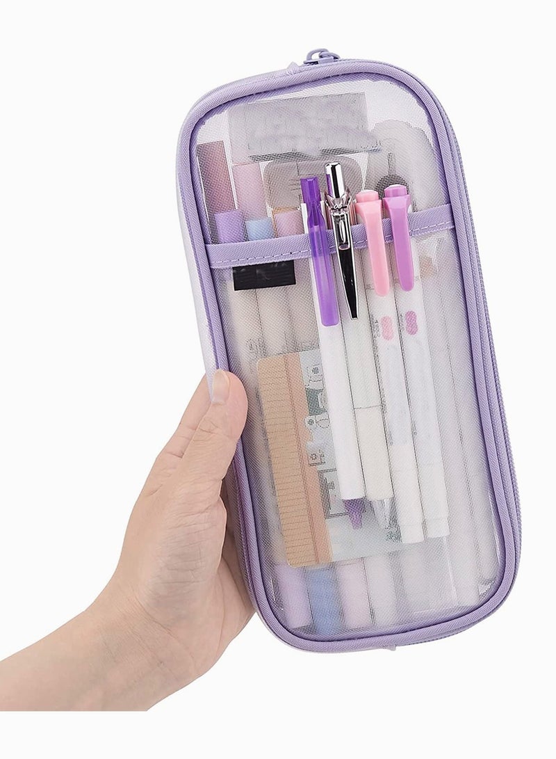 Multi Use Transparent Grid Mesh Cosmetic and Pencil Case with Zipper Ideal for School Travel Purple Pouch for Teens and Girls - Image 1