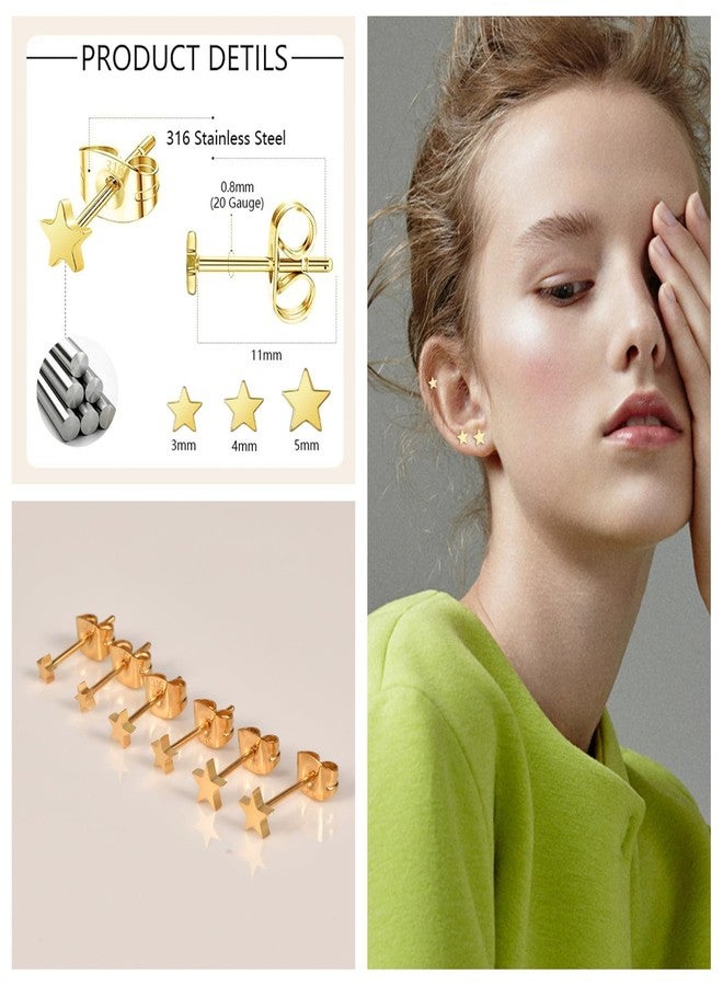 Hopply Screw on Earring Backs for Women,Hypoallergenic Surgical Steel Stud Earrings Ball Star Circle Simple Geometric Cartilage Helix Flat Back Piercing Earrings (3Pairs,Gold,Star(3-5mm)) - Image 2