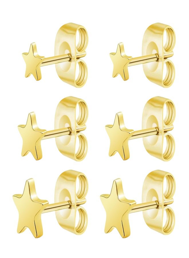 Hopply Screw on Earring Backs for Women,Hypoallergenic Surgical Steel Stud Earrings Ball Star Circle Simple Geometric Cartilage Helix Flat Back Piercing Earrings (3Pairs,Gold,Star(3-5mm)) - Image 1