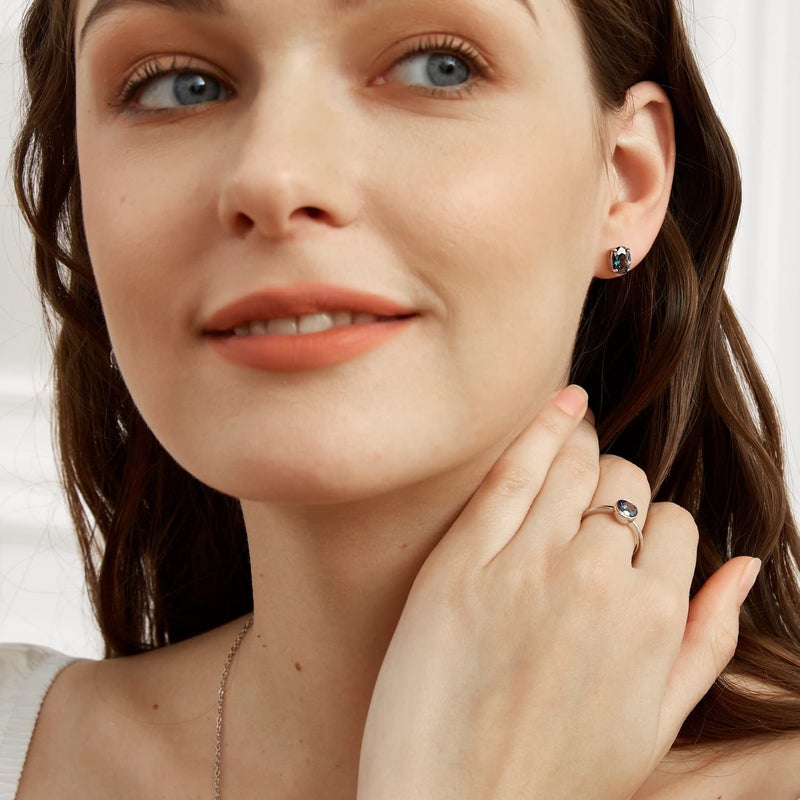 VOLUKA Oval Rainbow CZ Stud Earrings for Women 18K White Gold Plated 6 * 8mm Created Mystic Topaz Hypoallergenic Jewelry - Image 3