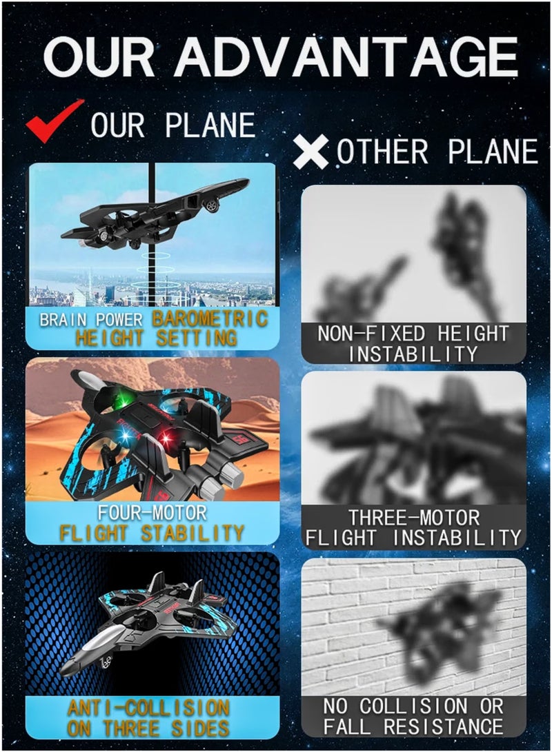 توشيونيكس ألعاب طائرة مقاتلة تعمل بالتحكم عن بعد للأطفال تحاكي طائرة هليكوبتر بدون طيار مع 360 درجة نموذج طائرة طائرة طائرة كوادكوبتر، جسم متين من إسفنج EPP للتحويم التلقائي، جيروسكوب 6 محاور، مصابيح LED، نطاق 100 متر، بطارية قابلة لإعادة الشحن سهلة الطيران للمبتدئين والأطفال - Image 2