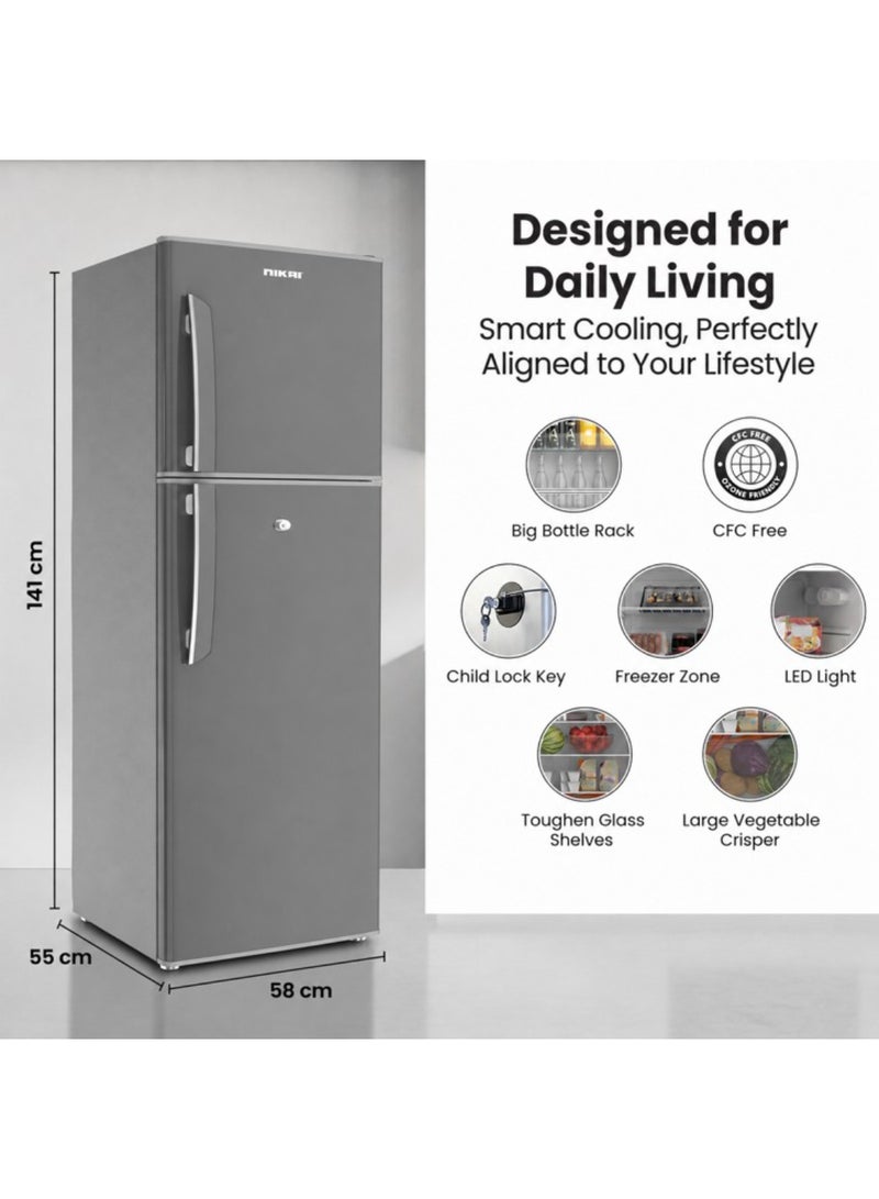NIKAI 280L Gross / 225 Net, Double Door Top Mount Refrigerator, 2 Glass Shelves & Bottle Storage Racks, Power Saving R600A Gas, CFC Free, Silent Operation Best for Home, Office – NRF280DN3S Silver 280 L NRF280DN3S Silver - Image 4