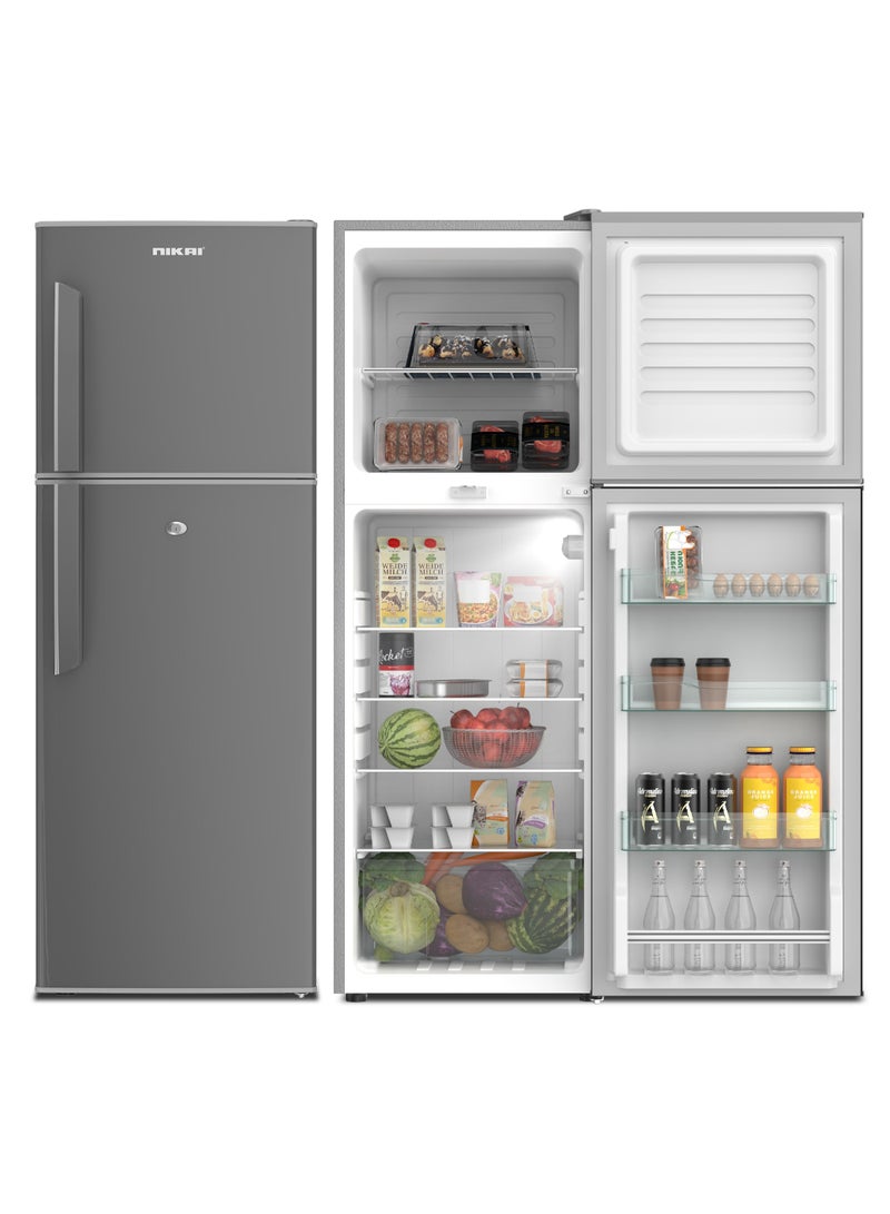 NIKAI 280L Gross / 225 Net, Double Door Top Mount Refrigerator, 2 Glass Shelves & Bottle Storage Racks, Power Saving R600A Gas, CFC Free, Silent Operation Best for Home, Office – NRF280DN3S Silver 280 L NRF280DN3S Silver - Image 1