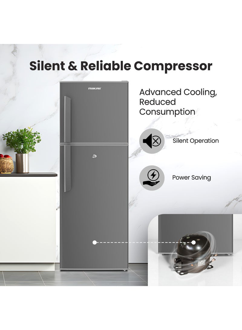 NIKAI 280L Gross / 225 Net, Double Door Top Mount Refrigerator, 2 Glass Shelves & Bottle Storage Racks, Power Saving R600A Gas, CFC Free, Silent Operation Best for Home, Office – NRF280DN3S Silver 280 L NRF280DN3S Silver - Image 5