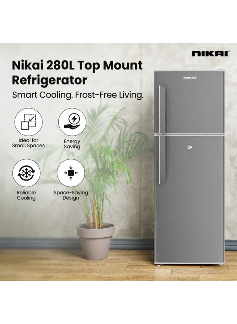NIKAI 280L Gross / 225 Net, Double Door Top Mount Refrigerator, 2 Glass Shelves & Bottle Storage Racks, Power Saving R600A Gas, CFC Free, Silent Operation Best for Home, Office – NRF280DN3S Silver 280 L NRF280DN3S Silver - Image 2