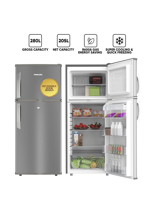 280L Gross / 225 Net, Double Door Top Mount Refrigerator, 2 Glass Shelves & Bottle Storage Racks, Power Saving R600A Gas, CFC Free, Silent Operation Best for Home, Office – NRF280DN3S Silver NRF280DN3S Silver