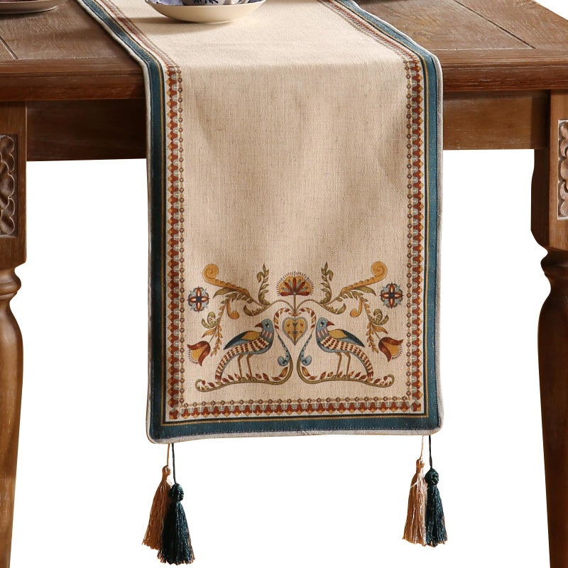 patdrea Designer Beige Farmhouse Geometric Patterned Linen Table Runner 102 Inch Long,Wrinkle Resistant Table Mat,Decoration for Kitchen Dining and Coffee Tables Banquet Christmas ,12"x102" - Image 1