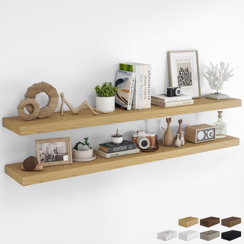 RICHFOCUS 72Inch Floating Shelves for Wall 2 Pack Shelves for Bedroom|Kitchen|Bathroom Wall Mounted Rustic Wood Floating Shelf with Invisible Brackets for Books|Storage|Decor, Oak - Image 1