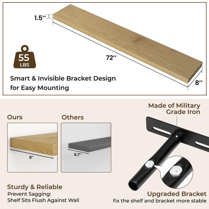 RICHFOCUS 72Inch Floating Shelves for Wall 2 Pack Shelves for Bedroom|Kitchen|Bathroom Wall Mounted Rustic Wood Floating Shelf with Invisible Brackets for Books|Storage|Decor, Oak - Image 4