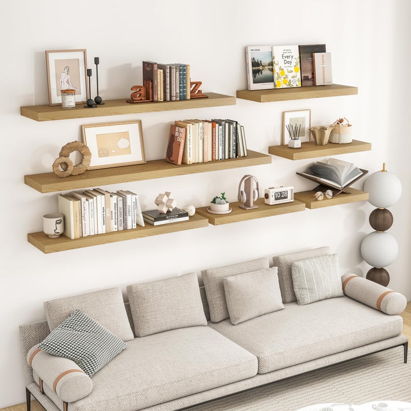 RICHFOCUS 72Inch Floating Shelves for Wall 2 Pack Shelves for Bedroom|Kitchen|Bathroom Wall Mounted Rustic Wood Floating Shelf with Invisible Brackets for Books|Storage|Decor, Oak - Image 2