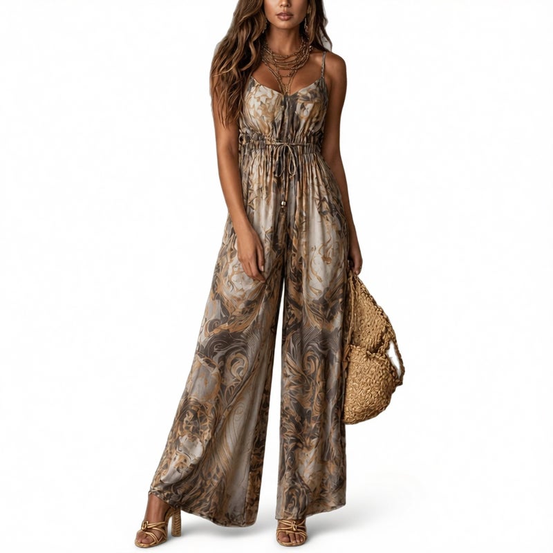 Women's Retro Floral Print Camisole Wide Leg Jumpsuit - Image 1
