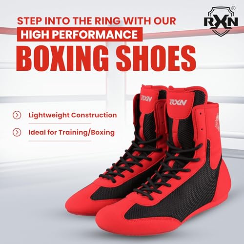 RXN Boxing Shoes for Men and Women Lace Up Non Slip Rubber Sole Lightweight Mid High Top | BX-17 High Top Boxing Boots for Men & Women (Black/Red, 10) - Image 2
