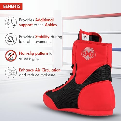 RXN Boxing Shoes for Men and Women Lace Up Non Slip Rubber Sole Lightweight Mid High Top | BX-17 High Top Boxing Boots for Men & Women (Black/Red, 10) - Image 4