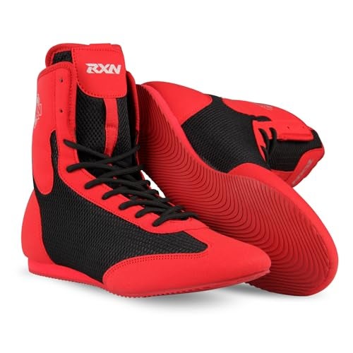 RXN Boxing Shoes for Men and Women Lace Up Non Slip Rubber Sole Lightweight Mid High Top | BX-17 High Top Boxing Boots for Men & Women (Black/Red, 10) - Image 1