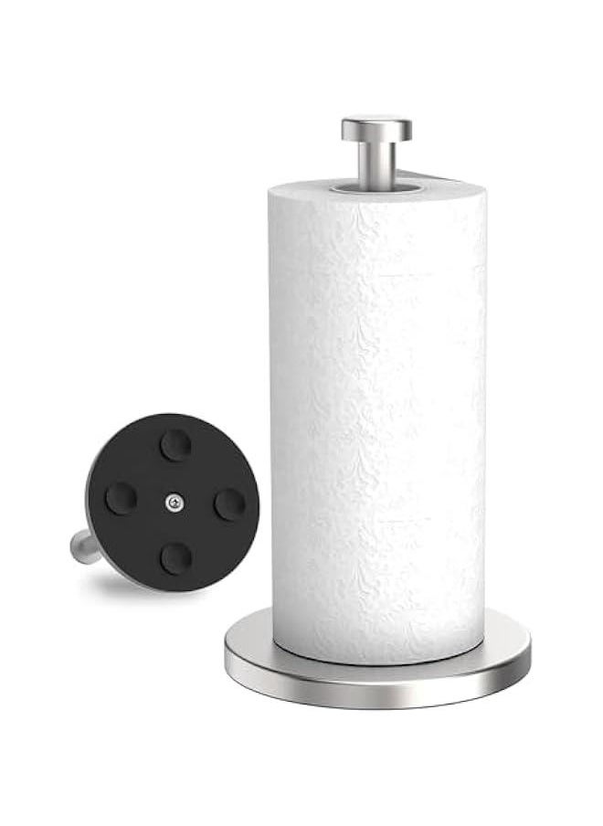 HOOKOR Durku Paper Towel Holder Countertop, Standing Paper Towel Roll Holder for Kitchen Bathroom, Paper Towel Holder Stand with Weighted Base Suction Cups, Stainless Steel Paper Towel Holder (Silver)  - Image 1