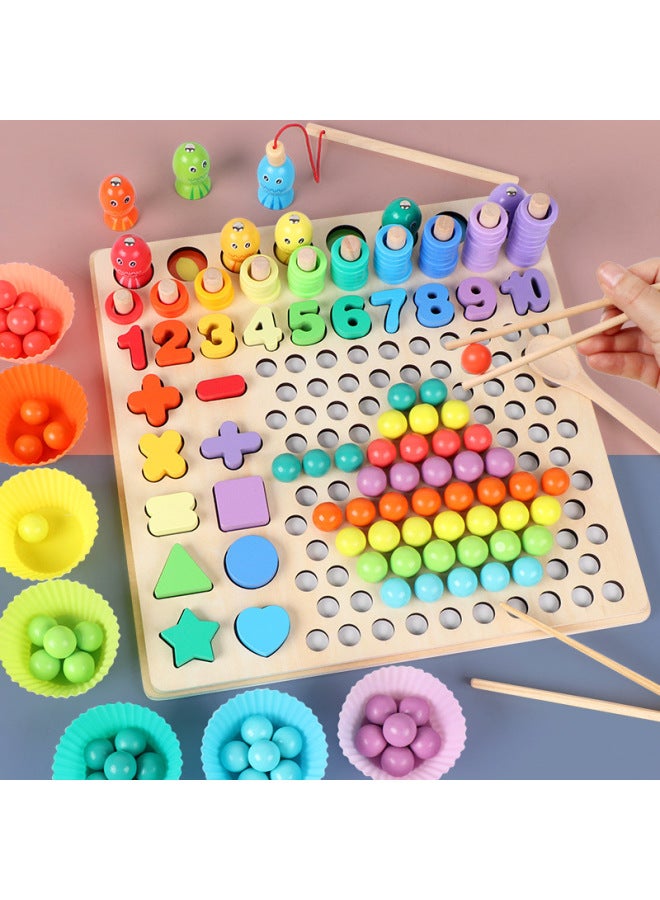 Children's Wooden 13-in-1 Clip Beads Fishing Logarithmic Board Multifunctional Shape Digital Cognitive Early Education Educational Toys-Color:Rainbow Clip Beads Game 002 - Image 2