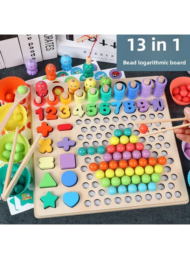 Children's Wooden 13-in-1 Clip Beads Fishing Logarithmic Board Multifunctional Shape Digital Cognitive Early Education Educational Toys-Color:Rainbow Clip Beads Game 002 - Image 3