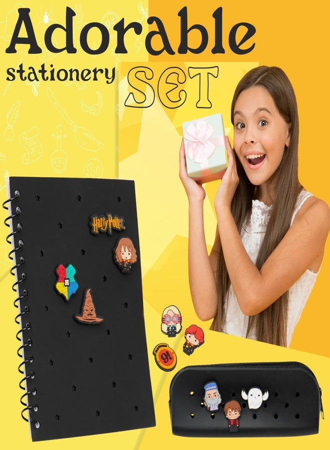 Harry Potter A5 Customizable Notebook and Zipped Pencil Case Stationery Set with Character Chibi Pins Sticky Notes Hogwarts Gifts for Kids - Image 3