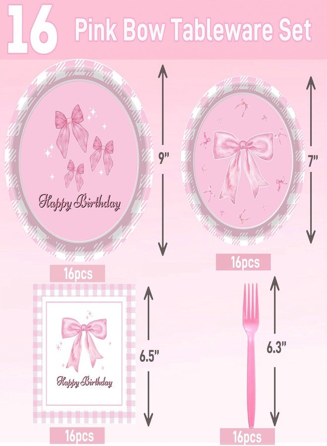 Haptda Pink Bow Paper Plates Napkins Forks Tableware Set for Girls Baby Shower Coquette Pink Bow Themed Birthday Party Supplies Decorations - Image 3