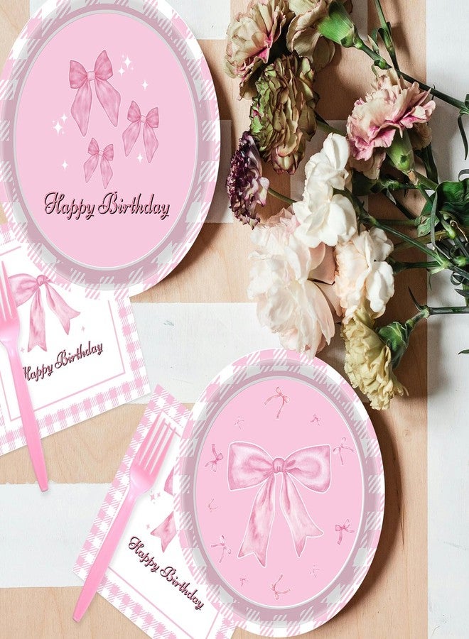 Haptda Pink Bow Paper Plates Napkins Forks Tableware Set for Girls Baby Shower Coquette Pink Bow Themed Birthday Party Supplies Decorations - Image 5