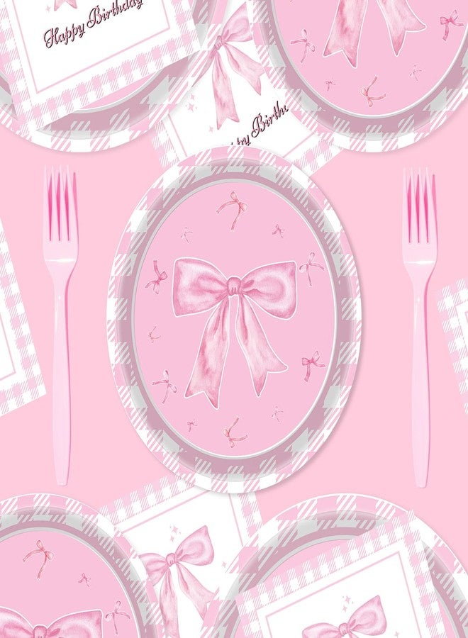 Haptda Pink Bow Paper Plates Napkins Forks Tableware Set for Girls Baby Shower Coquette Pink Bow Themed Birthday Party Supplies Decorations - Image 2