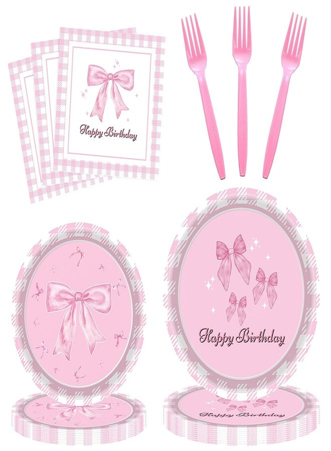 Haptda Pink Bow Paper Plates Napkins Forks Tableware Set for Girls Baby Shower Coquette Pink Bow Themed Birthday Party Supplies Decorations - Image 1